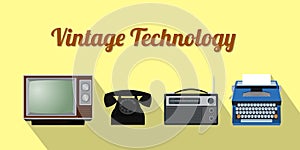 Vintage old technology with television phone radio and typing machine vector graphic