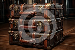 Vintage old travel leather suitcases Ai photo