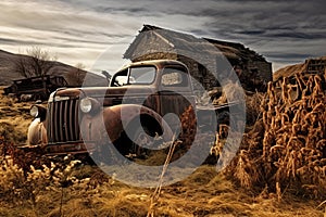 A vintage old truck, covered in grass, stands amidst the remnants of decayed farm structures