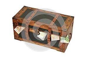 Vintage old trunk with money isolated on a white background