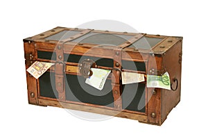 Vintage old trunk with money isolated on a white background