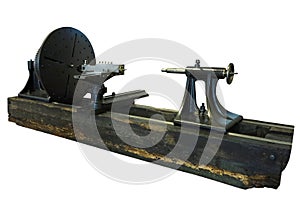 Vintage old turning lathe machine isolated over white background