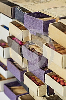 Vintage old used matchboxes stacked