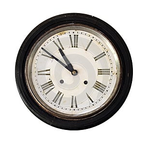 Vintage and old wall clock isolate on white.