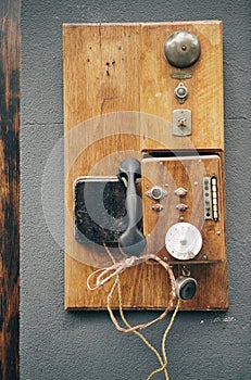 Vintage old wood cabin telephone