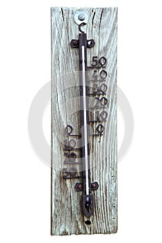 Vintage old wooden mercury thermometer with temperature values in degree Celsius scale isolated on white background