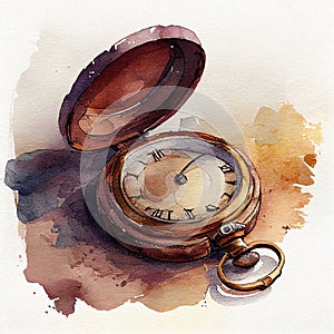 Vintage open pocket watch in watercolor technique. Retro accessory time.