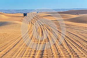 Vintage open top 4x4 SUV in the desert in Dubai, UAE