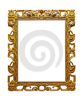 Vintage openwork gold plated wooden frame on white background