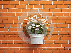 vintage orange brick wall decorated with white daisy in small pots for background.