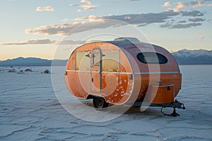 Vintage orange camper on salt flats at sunset