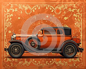 Vintage Orange Classic Car with Elegant Floral Background Collectible Automobile Illustration photo