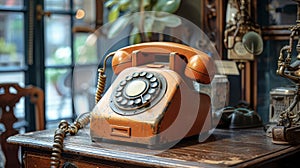 Vintage Orange Rotary Phone on Wooden Table