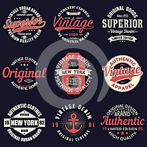 Vintage original typography set. Retro print for t-shirt design. Graphics for authentic apparel. Collection of tee shirt badge.