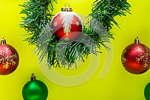 Vintage Ornament Christmas Decoration on bright yellow background. Winter Holidays