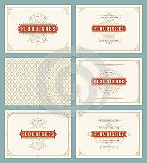 Vintage ornament greeting cards set templates flourish ornate frames and pattern background vector illustration