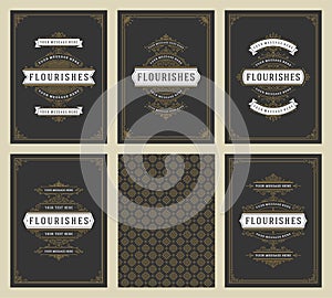 Vintage ornament greeting cards set templates flourish ornate frames and pattern background vector illustration