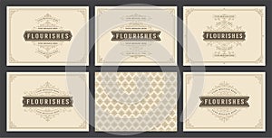 Vintage ornament greeting cards set templates flourish ornate frames and pattern background vector illustration