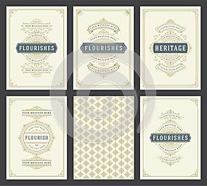 Vintage ornament greeting cards set templates flourish ornate frames and pattern background vector illustration