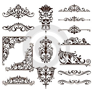 Vintage ornaments design elements floral curlicues white background curbs frame corners stickers
