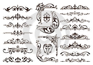 Vintage ornaments design elements floral curlicues white background curbs frame corners stickers