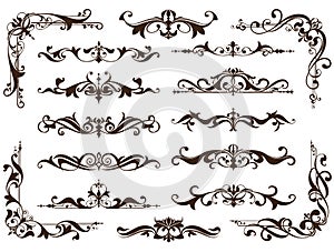 Vintage ornaments design elements floral curlicues white background curbs frame corners stickers. Borders, monograms and dividers