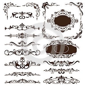 Vintage ornaments design elements floral curlicues white background curbs frame corners stickers