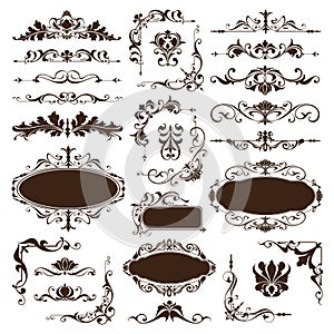 Vintage ornaments design elements floral curlicues white background curbs frame corners stickers