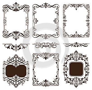 Vintage ornaments design elements floral curlicues white background curbs frame corners stickers