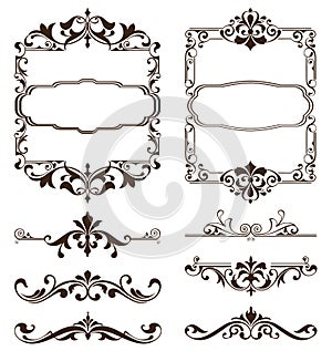 Vintage ornaments design elements floral curlicues white background curbs frame corners stickers