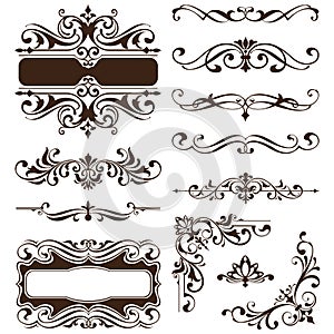 Vintage ornaments design elements floral curlicues white background curbs frame corners stickers illustration