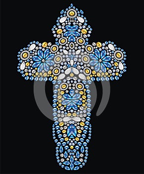 Vintage Ornate Christian Cross from sapphire and gold brilliant stones, small beautiful flowers, rhinestone applique