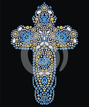 Vintage Ornate Christian Cross from sapphire and gold brilliant stones, small beautiful flowers, rhinestone applique photo