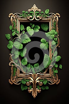 Vintage ornate Picture framewith green leaves and vines with empty space for text or logo. Generative Ai