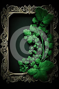 Vintage ornate Picture framewith green leaves and vines with empty space for text or logo. Generative Ai