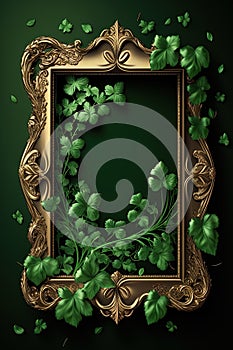 Vintage ornate Picture framewith green leaves and vines with empty space for text or logo. Generative Ai