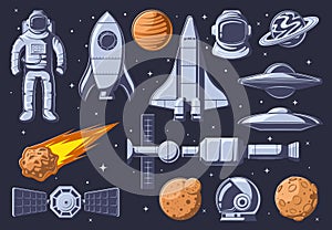 Vintage outer space. Cartoon planet, astronaut space suit and spacecraft vector illustration set