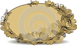 Vintage oval frame with flowers and butterflies. Vector illustration