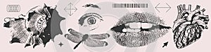 Vintage overlay elements set. Black and white photocopy Halftone eye, mouth, shell, human heart, dragonfly. Trendy