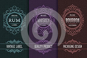 Vintage packaging design set with alcohol drink labels of rum, whiskey, bourbon