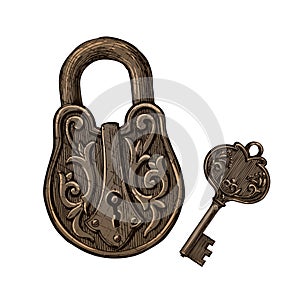 Vintage padlock and key. secret or mystery. vector illustration