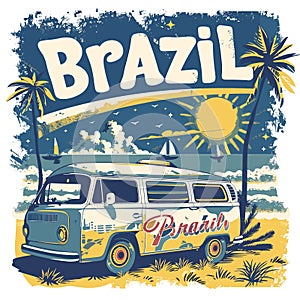 A vintage painted picture of a white Volkswagen van parked on a beach in Brazil