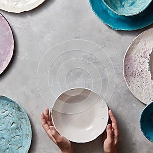 Colorful porceain vintage handmade dishes on a marble table with copyspace. Woman hands take a white ceramic bowl. Top