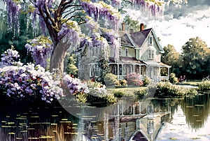 Vintage painting of old house on the lake with blooming wisteria. Countryside landscape, spring season, printable art