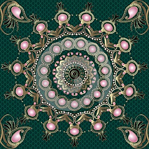 Vintage Paisley seamless mandala pattern. Lace ornamental green background. Floral arabesque style oriental ornament with gold