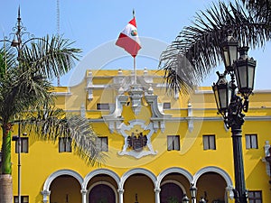 The vintage palace on Plaza de Armas, Plaza Mayor, Lima city, Peru, South America