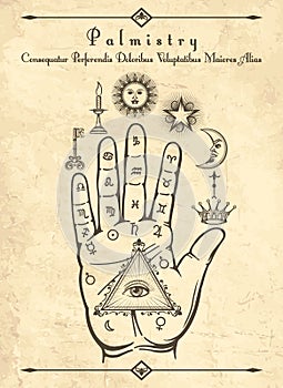 Vintage palmistry symbols on hand