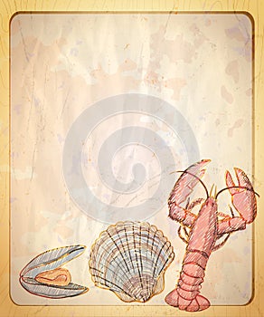 Vintage paper backdrop with empty place for text and illustration of mussel and crayfish.