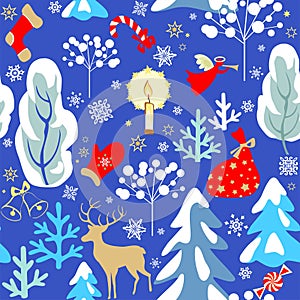 Vintage paper blue seamless background with Christmas pattern with snowy firs, trees, reindeer, angel, candle, candy, sock, mitten