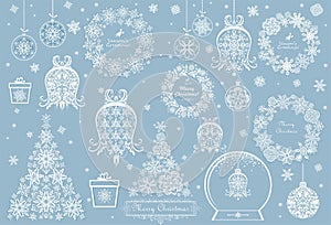 Vintage paper cut out white elements collection with christmas tree, bell, bauble, globe, xmas wreath, giftbox, snowflakes and han